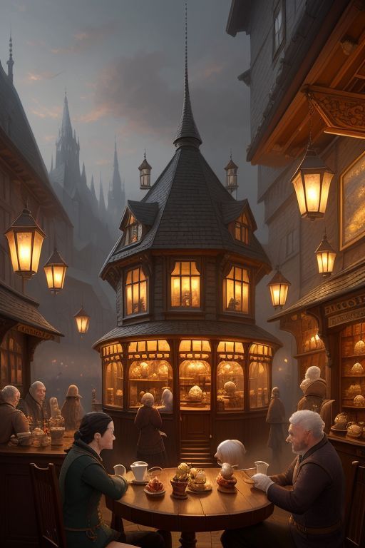 Perchance.org prompt "cosy tea shop frequented by odd patrons", style = Fantasy art.