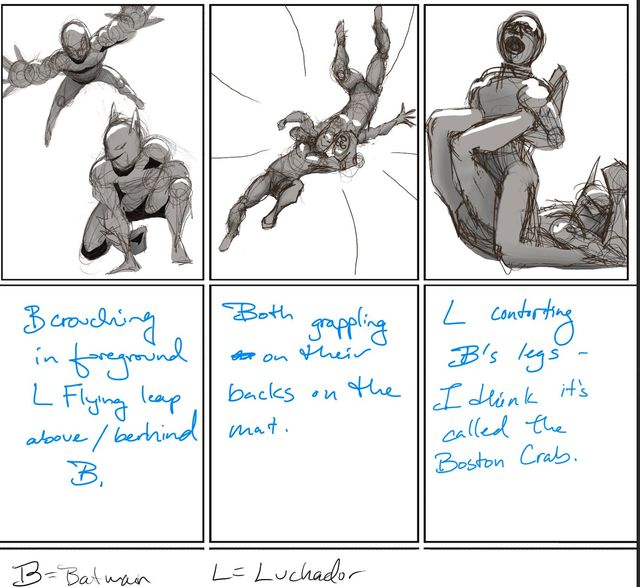 A set of three greyscale thumbnails of different poses / compositions for a fight between Batman and a luchadore as well as some hand written text describing each thumb for clarity.