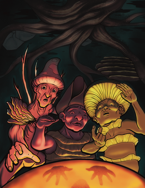 Cover artwork for Beyond the Mycelium. Three mushroom characters appear wowed by a glowing form beneath them, and tangled dark roots line the ceiling above them. Art by mrlich
