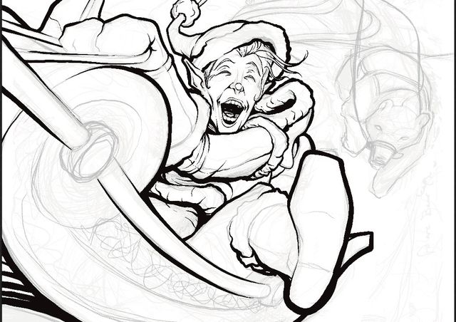 A black and white partially finished ink version of an illustration of an elf joyously riding a sleigh which appears slightly out of control. They are closely followed by a competitor. Art by mrlich.