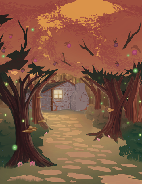 Cover art for Gone Foragin'. We see a stonework cabin in the recesses of an autumnal forest while fireflies dance about. Art by mrlich.