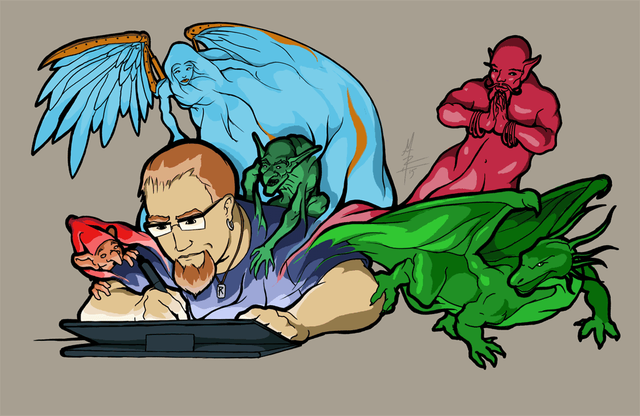 Color illustration of mrlich drawing on a tablet. Myriad mythological mayhem pours out of the tablet around him in the form of fantasy creatures. 