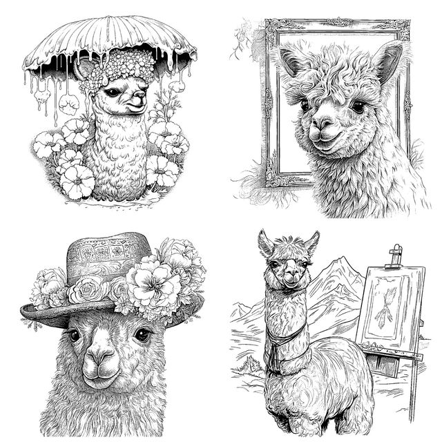 4 sketches of alpacas (under a mushroom umbrella, in front of a frame, in a flowery hat, and  in the mountains with an easel.) 
