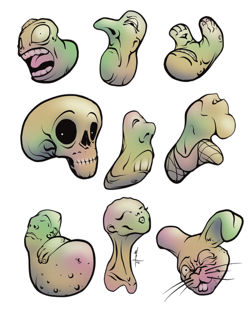 A collection of images created by drawing a blob and then refining with black line work and splashes of color. Art by mrlich.