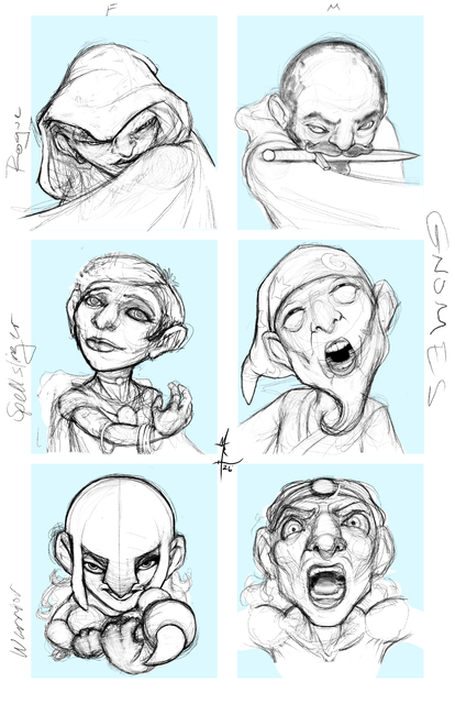A series of six sketches - 3 males and 3 females - all gnomes from Dungeons and Dragons and a pairing of Rogues, Spellslingers, and Warriors. Art by mrlich.