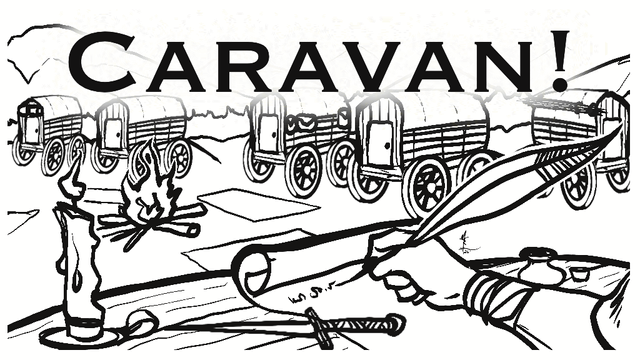 Teaser art for Caravan! - a solo ttrpg journaling game. Black and white illustration of a collection of covered wagons with a person writing on a scroll with a quill in the foreground. Art by mrlich.