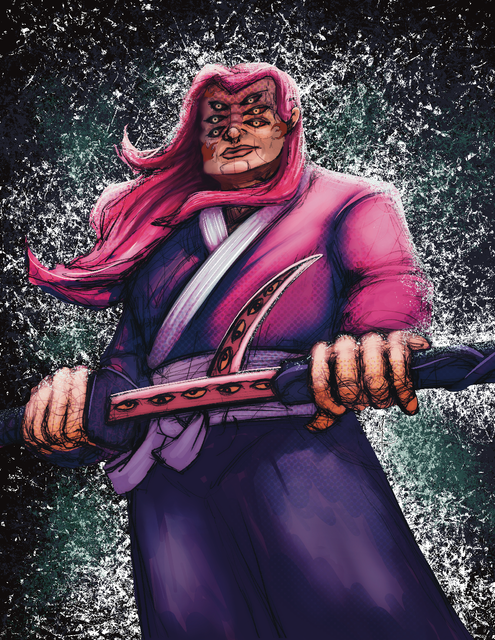 An illustration of Kokushibo Demon Slayer in a non anime style.