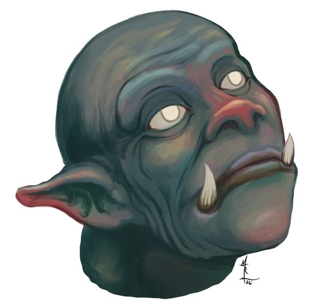 A full color digitally painted orc with cataracts in both eyes. He’s looking up, as if into the sunlight though there’s no light on his face. Art by mrlich.
