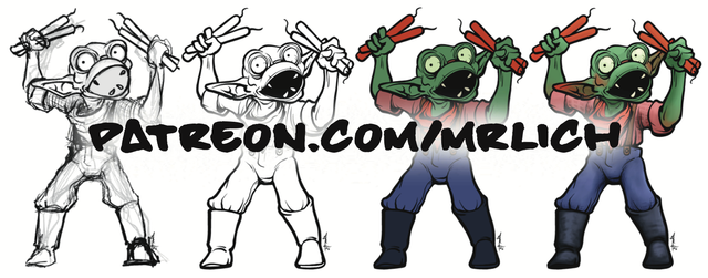 4 stages in the illustration process for Twitch Oreboom - art by mrlich