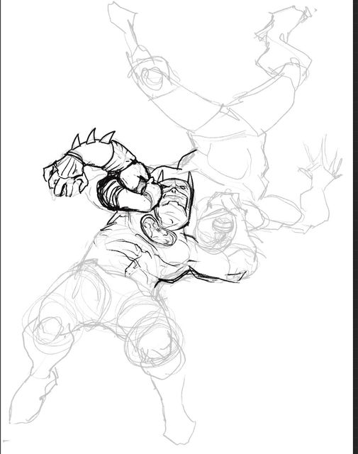 Greyscale sketch of Batman wrestling with a luchadore. Art by mrlich.