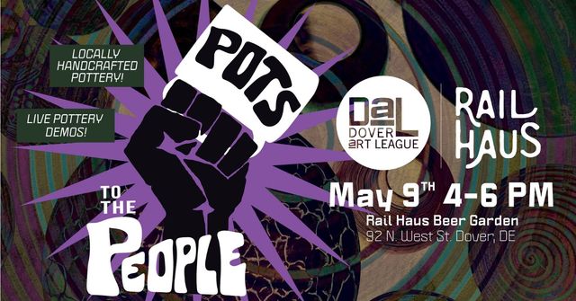 flyer featuring a fist clenching a mug with text POTS TO THE PEOPLE