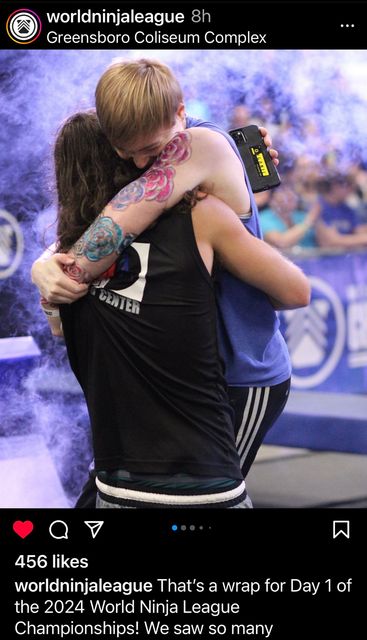 Coach Chris and Rose embracing after she cleared the stage one course and hit the buzzer in the elite female division of the WNL Season IX Championships.