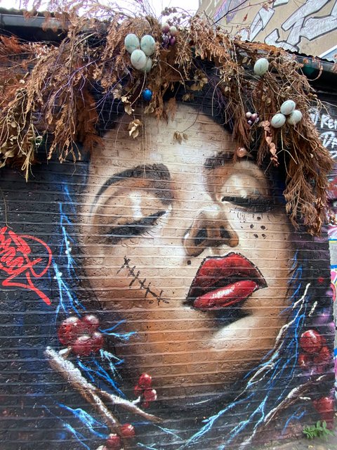 Beautiful, realistic graffiti portrait of a cocoa-skinned woman's face, with red, black-outlined lips, a stitched scar and actual branches incorporated into a three-dimensional hairdo, as seen in Brick Lane, London